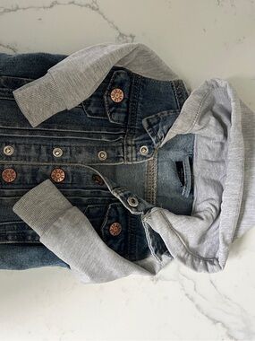 Little Bipsy Blue Denim Jacket with Light Gray Hood & Sleeves